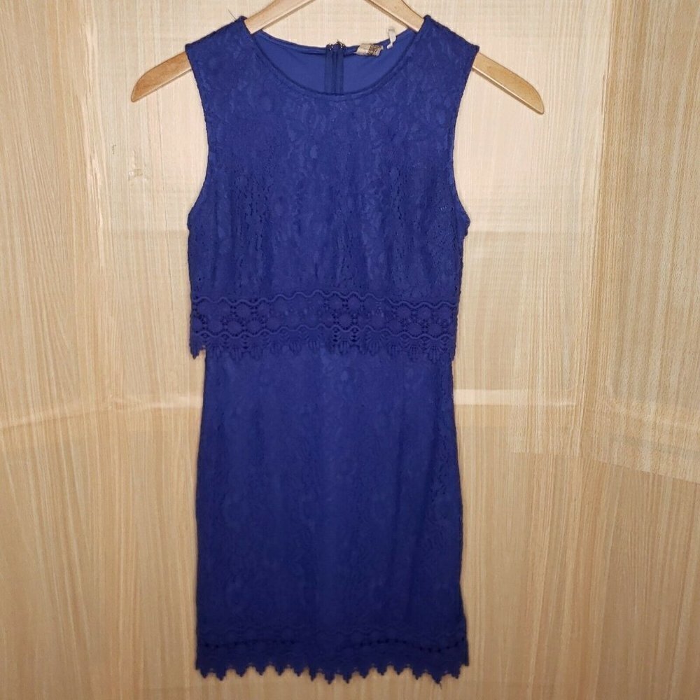 Francesca Womens Blue Lacey Sleeveless Dress Small